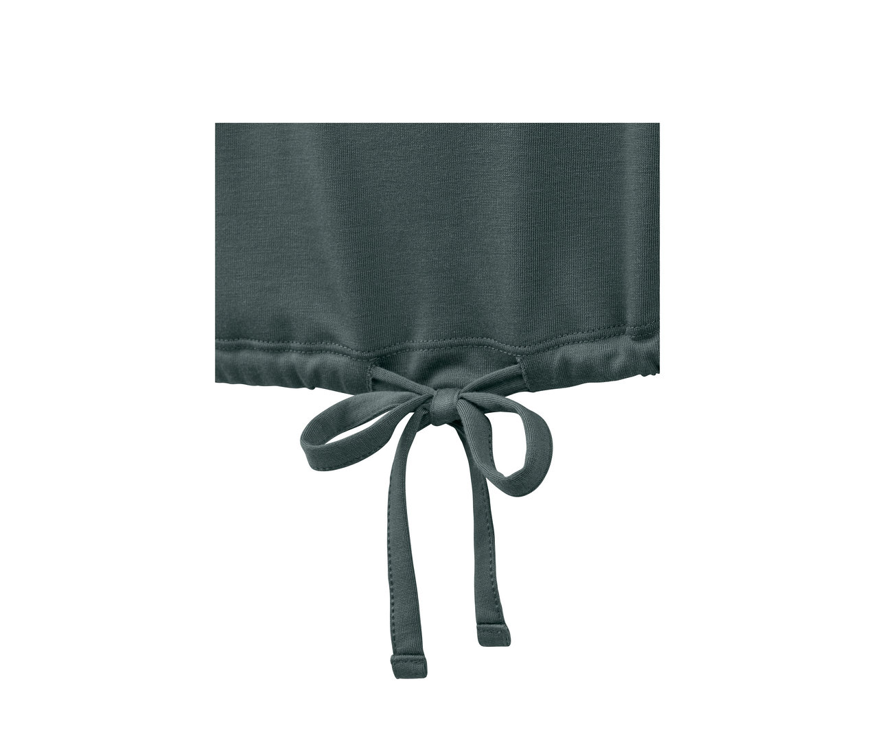 Detailansicht eines grün-weißen 2-in-1-Sportshirts mit Kordelzug.