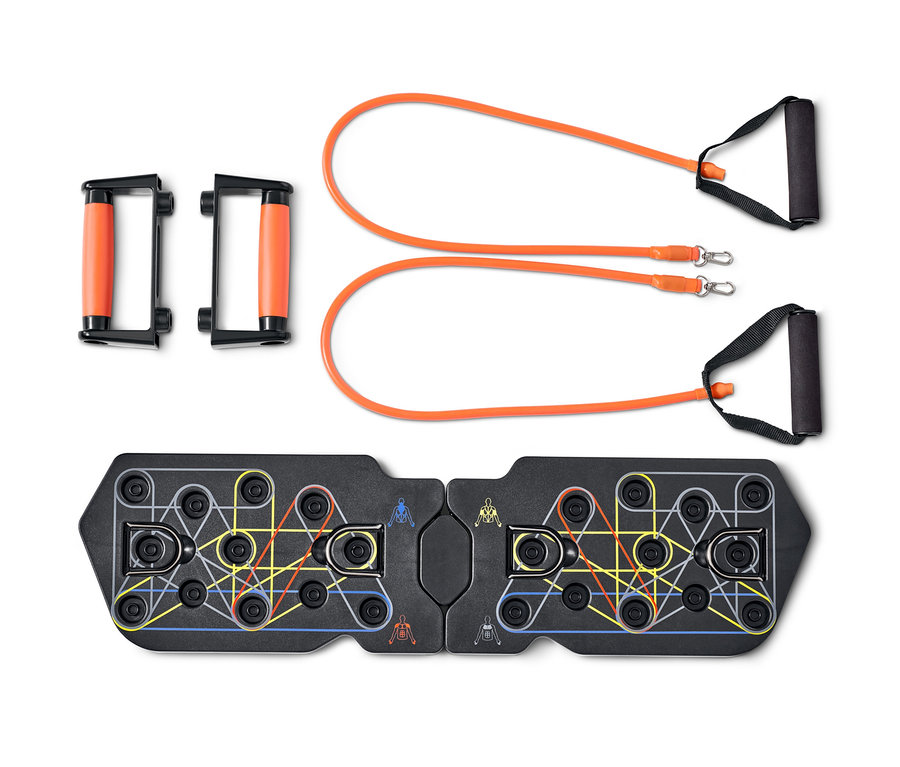 Liegestütz-Board mit Elastikbändern, Griffe und orangefarbene Gummibänder auf weißem Hintergrund.