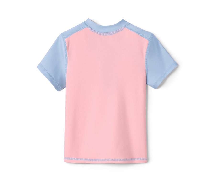 Rosa-blaues UV-Schutz-Kombi mit recyceltem Material.