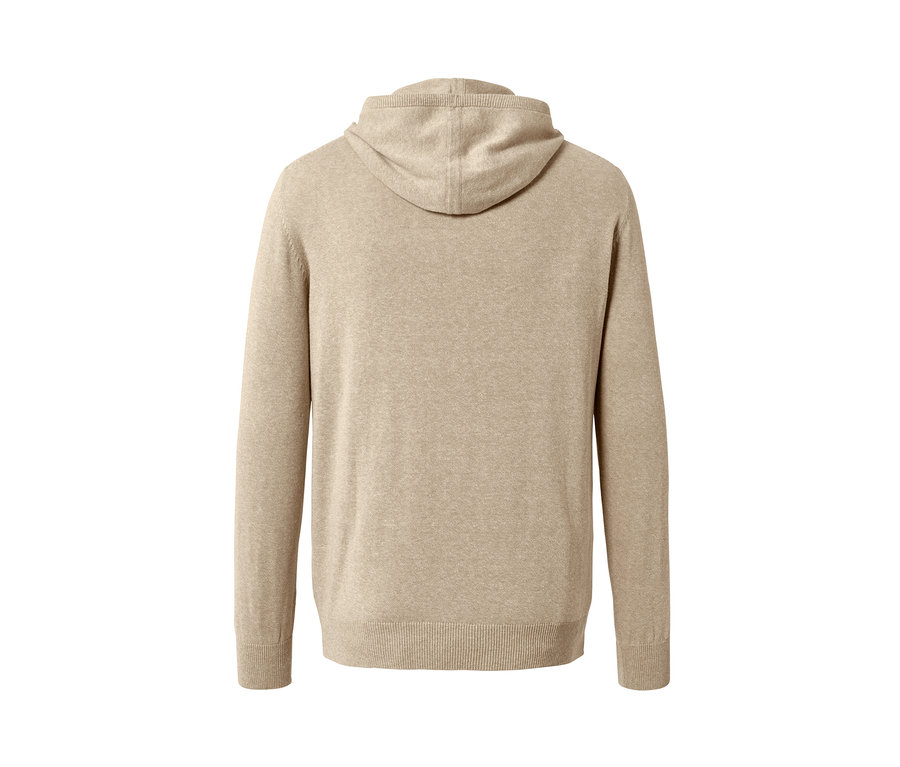 Rückansicht eines beigen Strick-Hoodies mit Leinen.