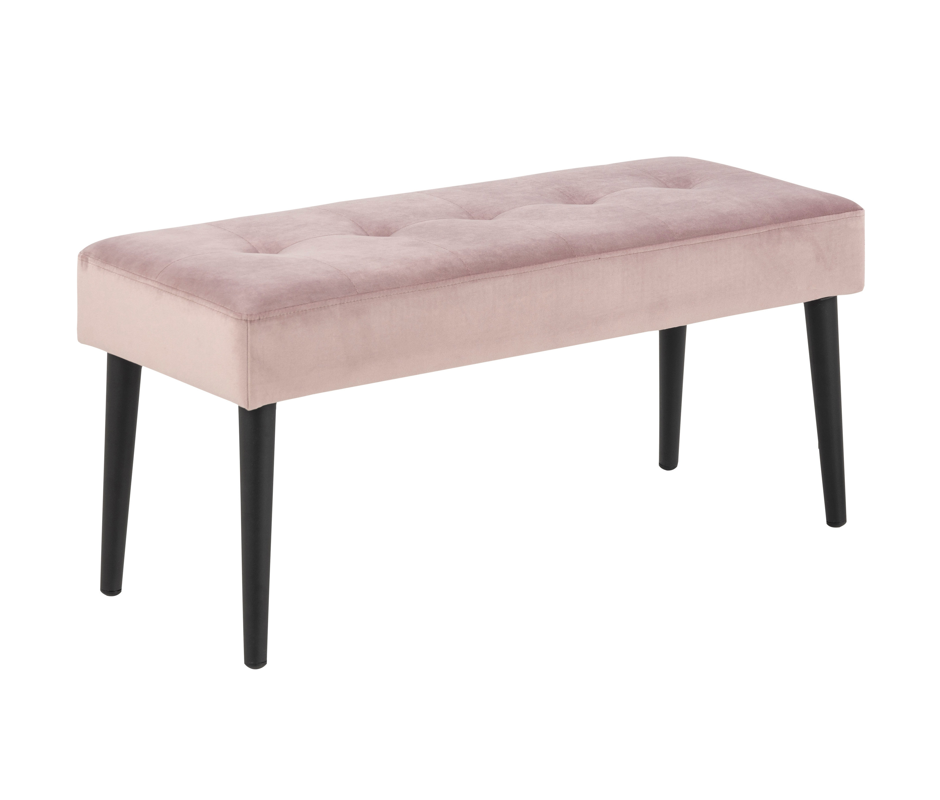 Rosa Sitzbank mit Samtbezug und schwarzen Beinen.