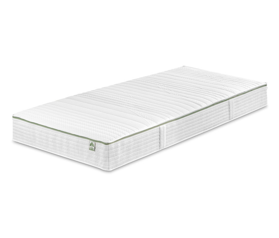 Weiße irisette® greenline-7-Zonen-Tonnentaschen-Federkernmatratze auf weißem Hintergrund.