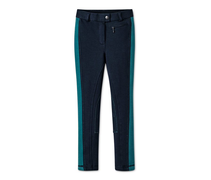 Dunkelblaue Reithose mit türkisfarbenen Streifen an den Seiten.