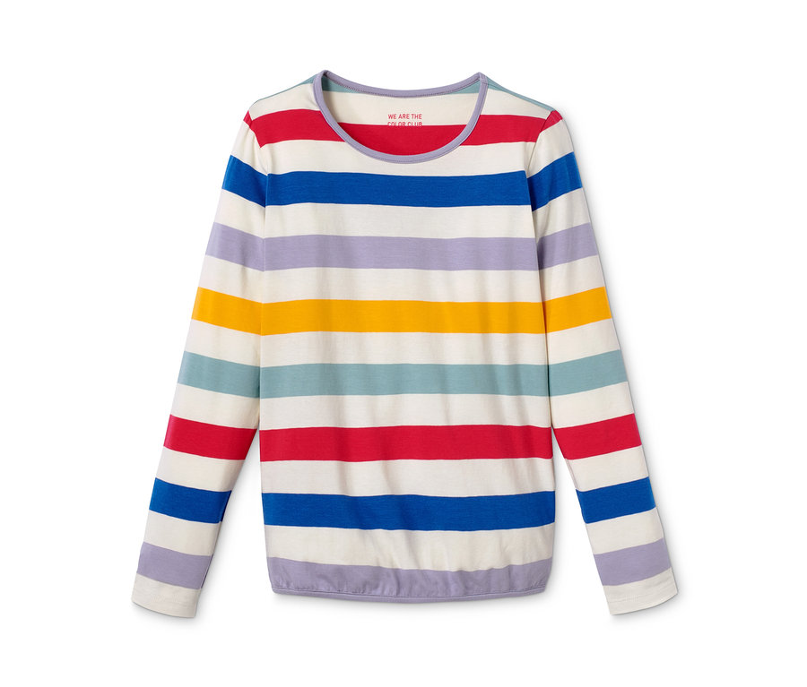Ein langärmliger Kids-Pyjama mit bunten horizontalen Streifen liegt flach.