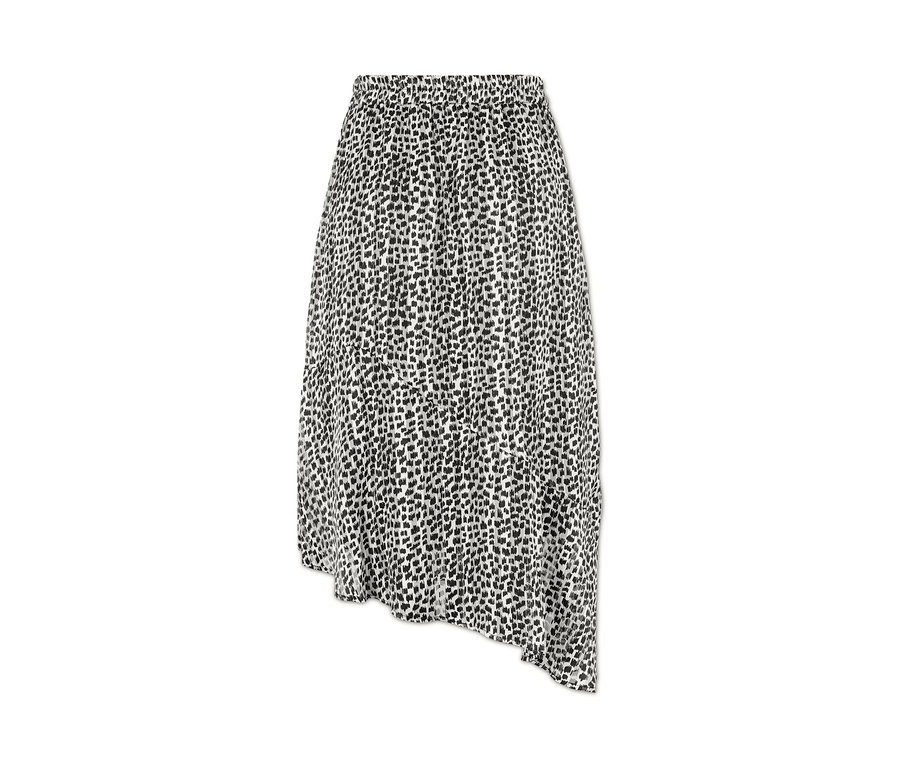 Detailansicht eines asymmetrischen Damenrocks mit schwarz-weissem Muster.