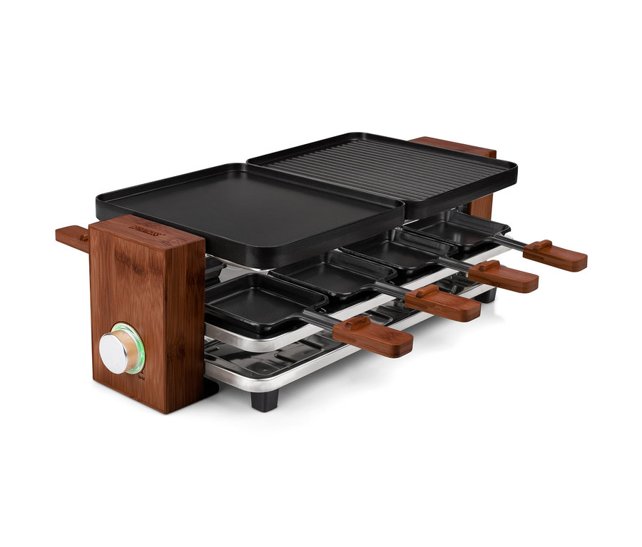 Raclette für 8 Personen mit Antihaftbeschichtung und Holzgriffen.