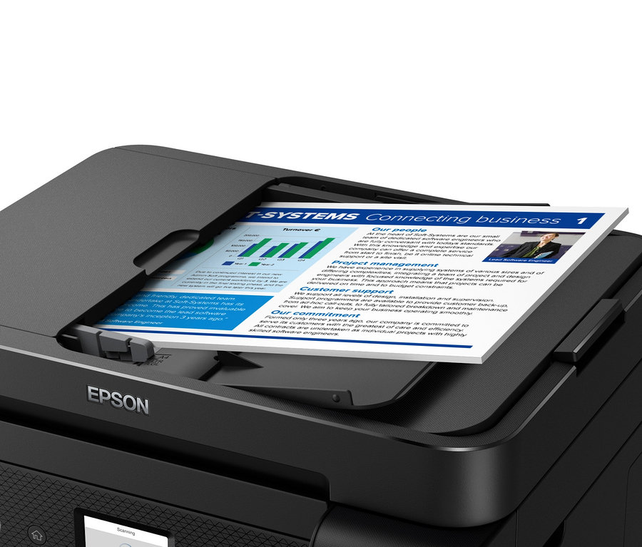 Schwarzer Epson Multifunktionsdrucker »EcoTank ET-4850« mit Papier mit Text.