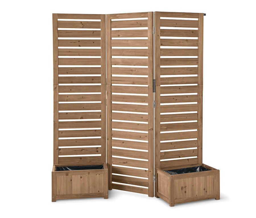 Hölzerner Paravent mit Pflanztöpfen "Tinus" mit drei Paneelen, in denen horizontale Lücken sind. Zwei Pflanztöpfe stehen an den Seiten.