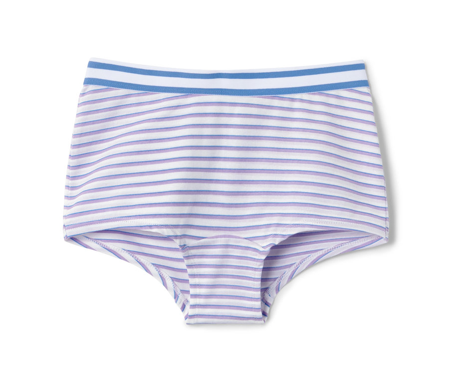 Ein Paar 7 Mädchen-Pantys mit lila-weißen Streifen und blauem Bund.