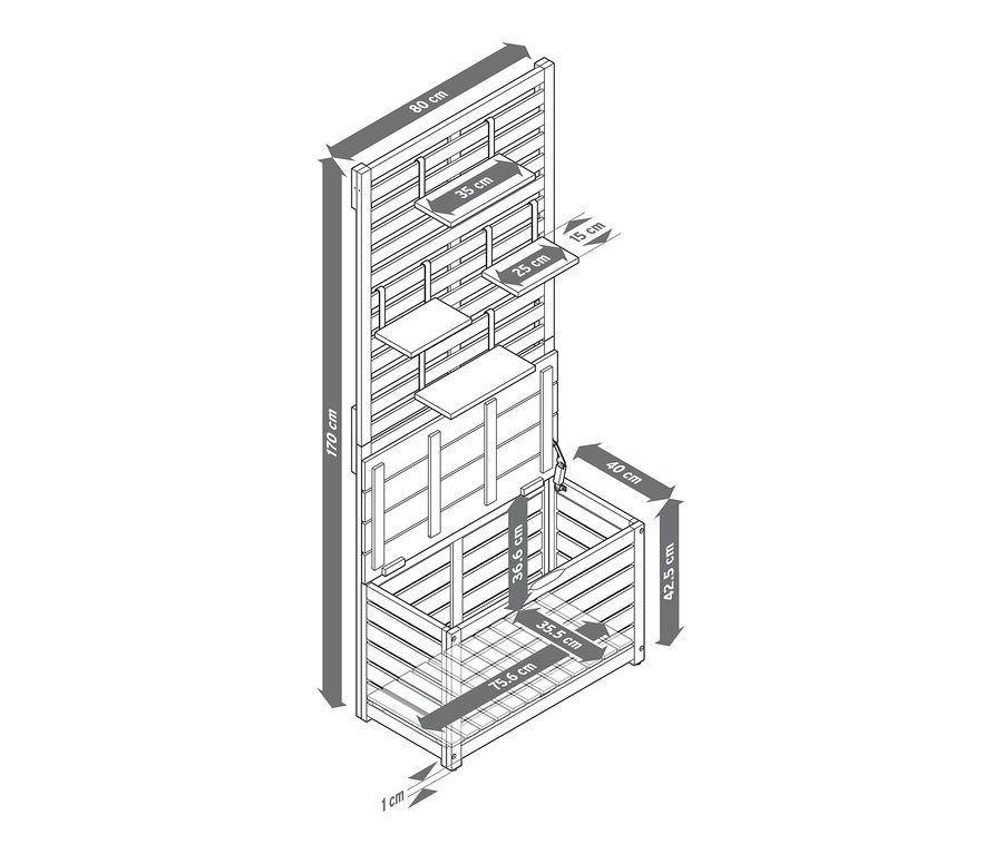 Eine Darstellung der Balkonsichtschutzbank mit Stauraum mit Abmessungen.