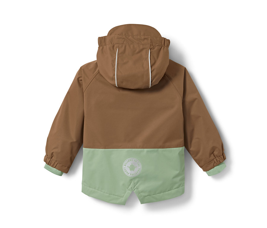 Rückansicht einer braun-grünen Thermo-Regenjacke.