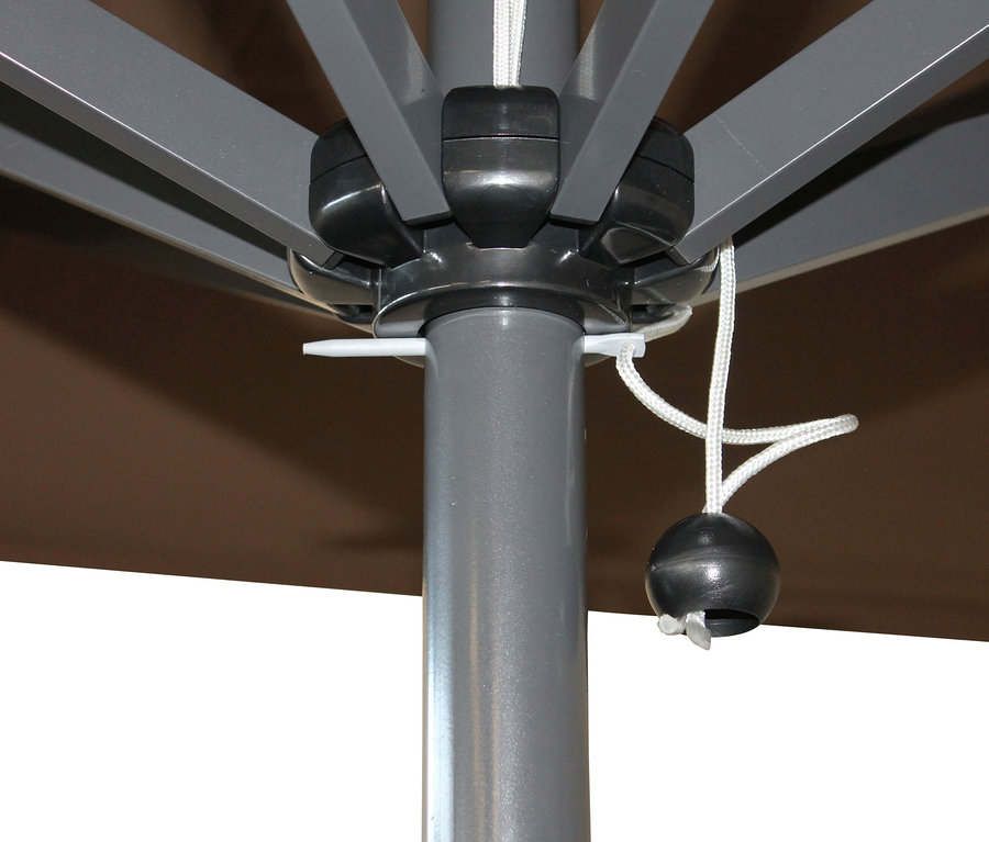 Detailansicht eines grauen Leco-Aluminium-Sonnenschirms »Commercial Alu Parasol«, ca. 3 x 3 m mit Zugschnur.