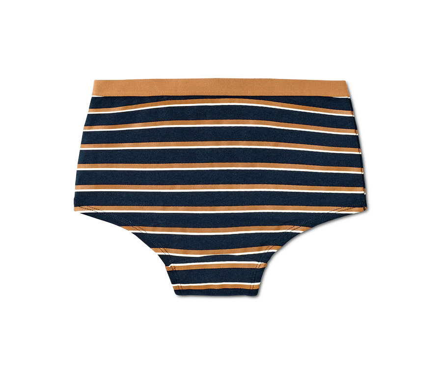 Nahaufnahme von 3 Kinder-Pantys mit blau, braun und weiß gestreiften horizontalen Streifen.