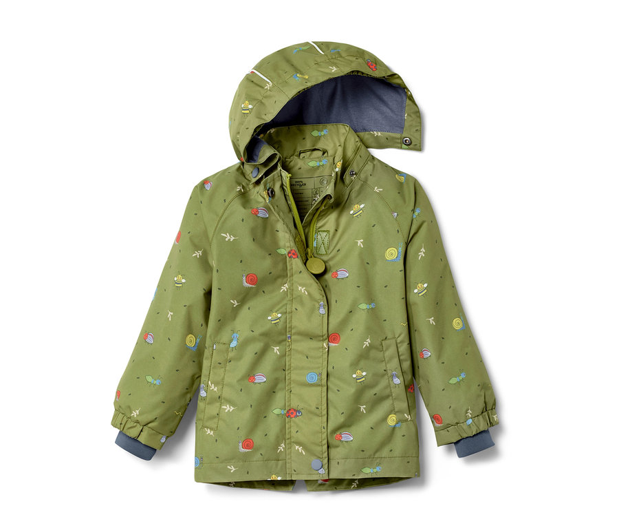 Grüne Kleinkinder-Regenjacke mit Käfer-Muster.
