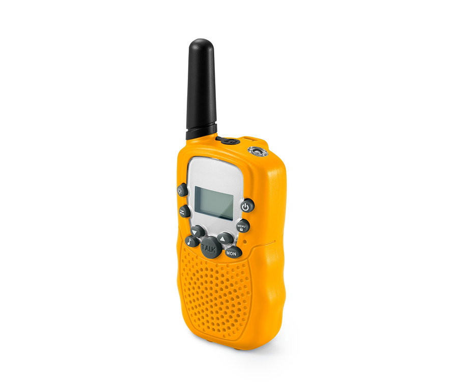 Gelbes 2 Walkie-Talkies mit schwarzer Antenne.