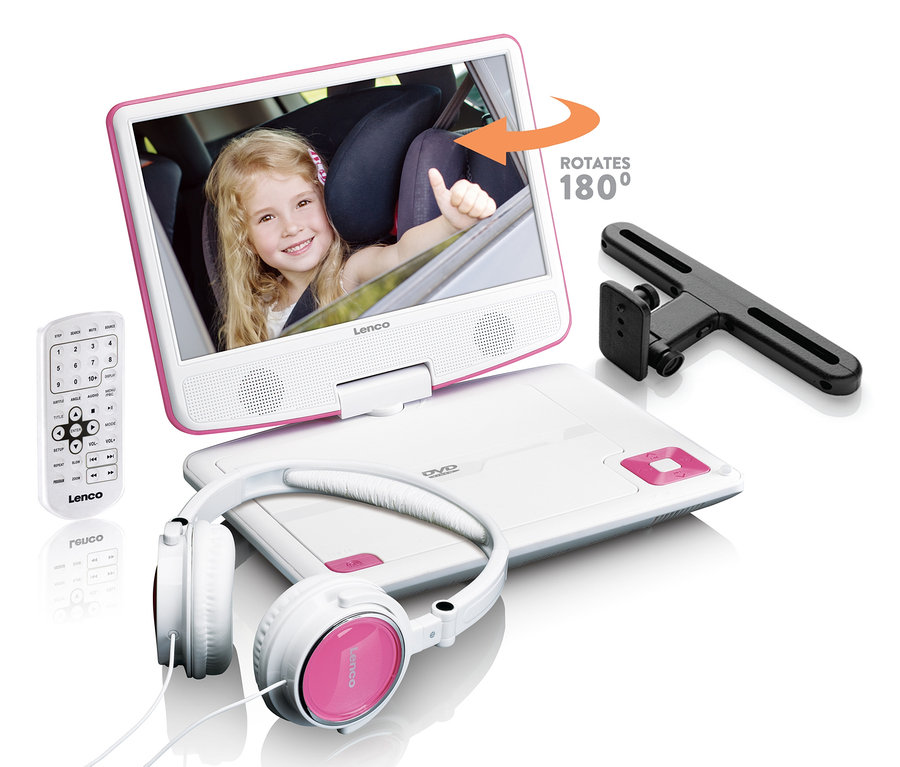 Abgebildet ist ein pinkfarbener Lenco portabler DVD-Player »DVP-910« mit Kopfhörern, Fernbedienung und Autohalterung.
