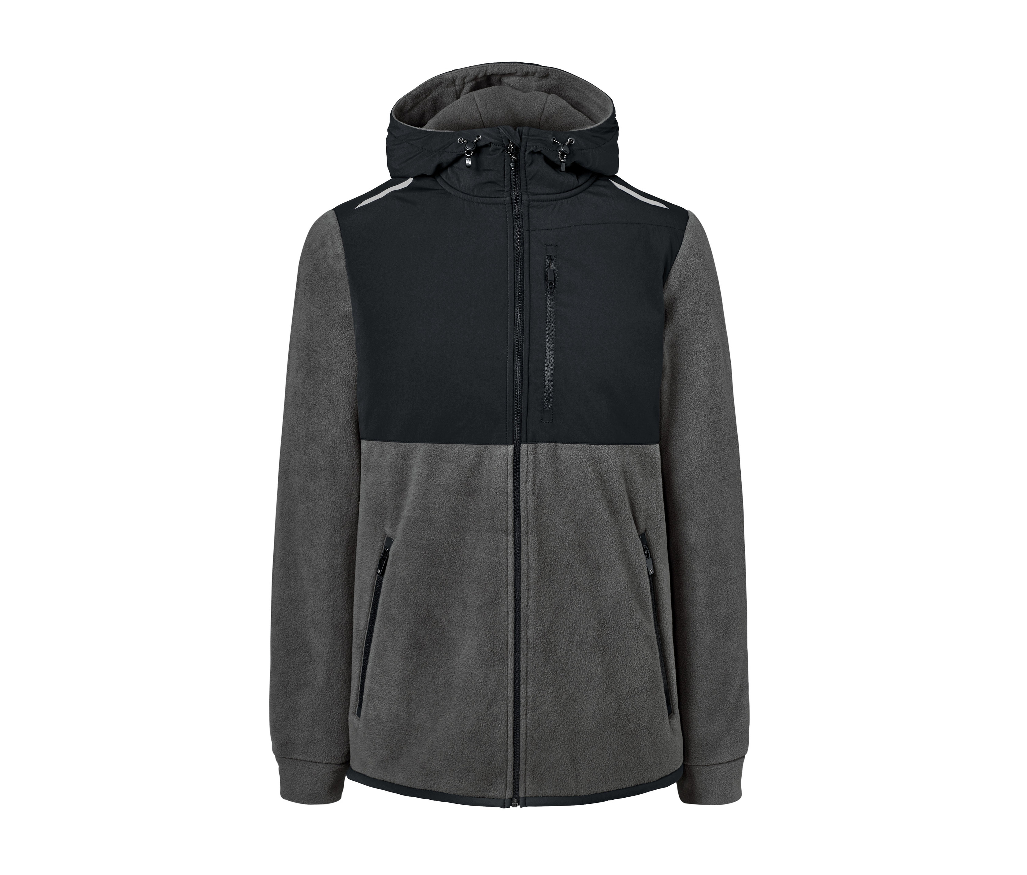 Grau-schwarze Hybrid-Fleecejacke mit Reißverschluss und Kapuze.