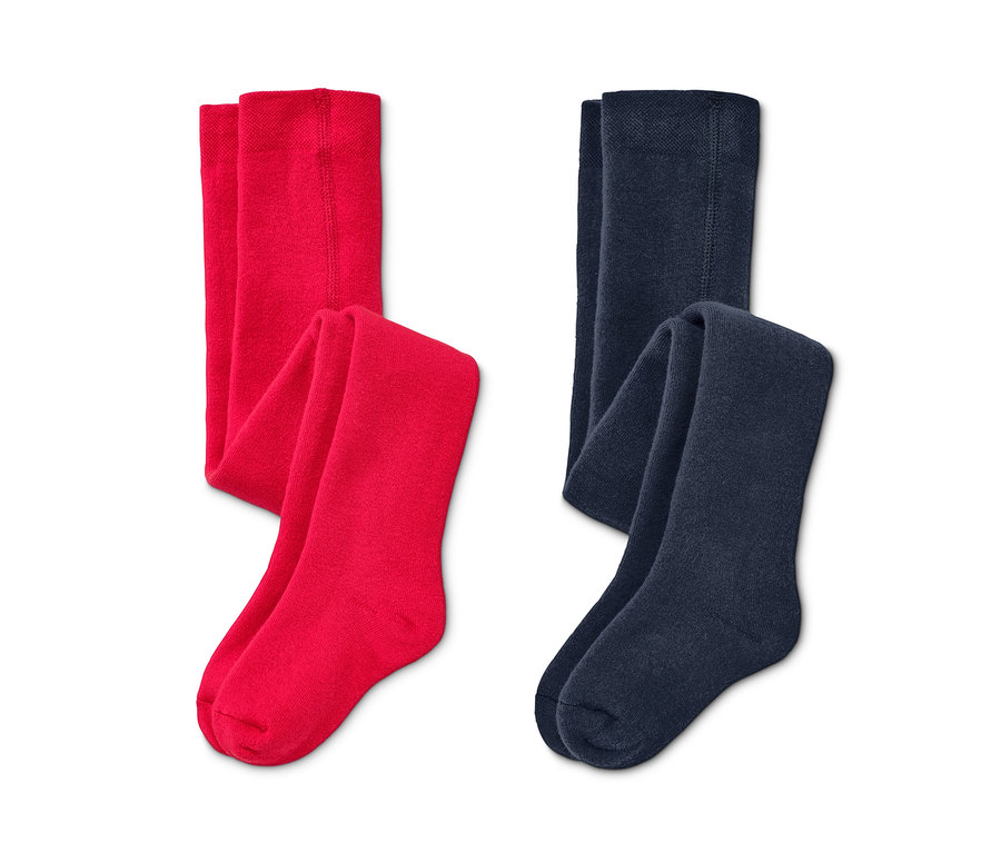 Zwei Paar Thermo-Strumpfhosen aus Bio-Baumwolle: rot und dunkelblau.
