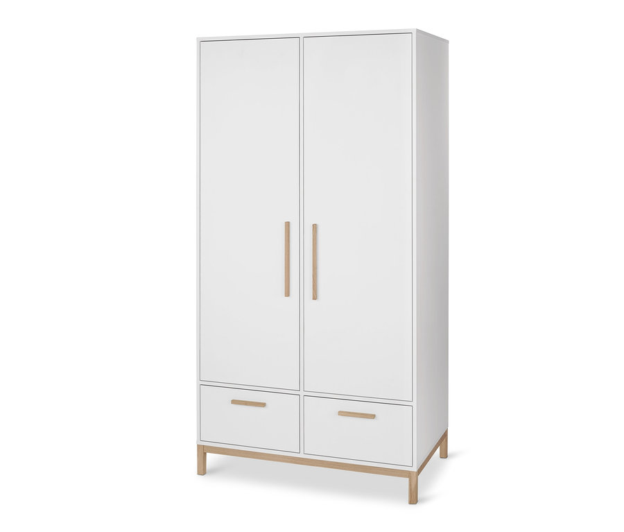 Weißer Kleiderschrank »Eklund« mit Schubladen und Holzdetails.