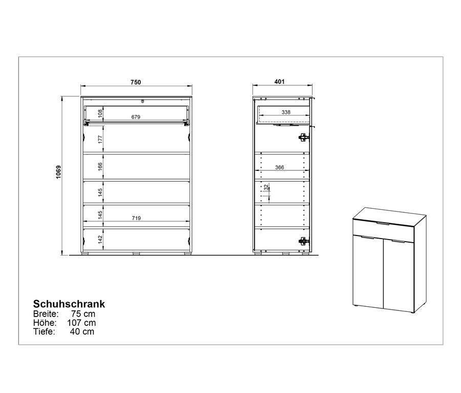 Diagramme des Germania-Schuhschranks „California“ mit Maßangaben.