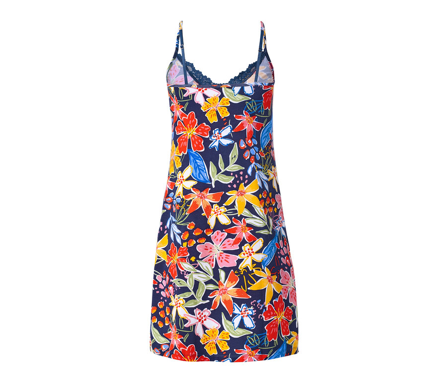 Detailansicht eines Trägernachthemds mit Blumenmuster.