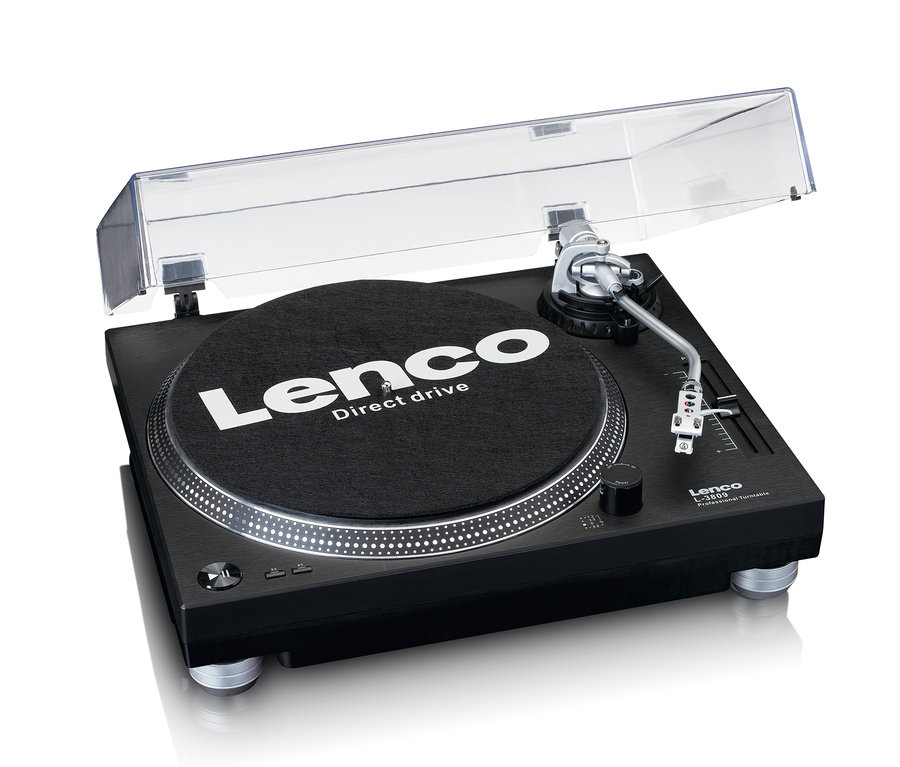 Schwarzer Lenco Plattenspieler L-3809 BK mit durchsichtiger Abdeckung.