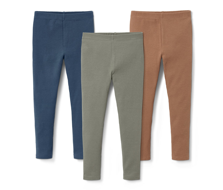 Drei Rippleggings in Blau, Grün und Braun.