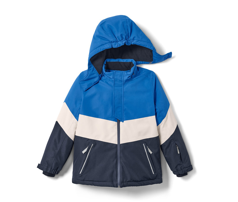 Blau-beige-dunkelblaue Skijacke mit Kapuze.