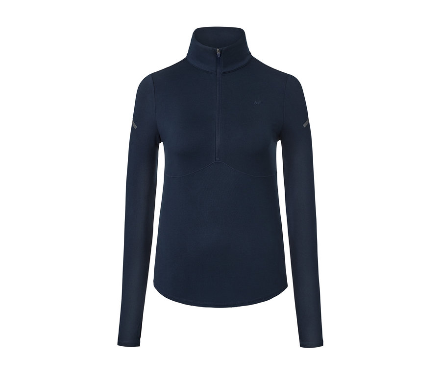 Dunkelblaues Thermo-Funktionsshirt mit langen Ärmeln und Reißverschluss am Kragen.