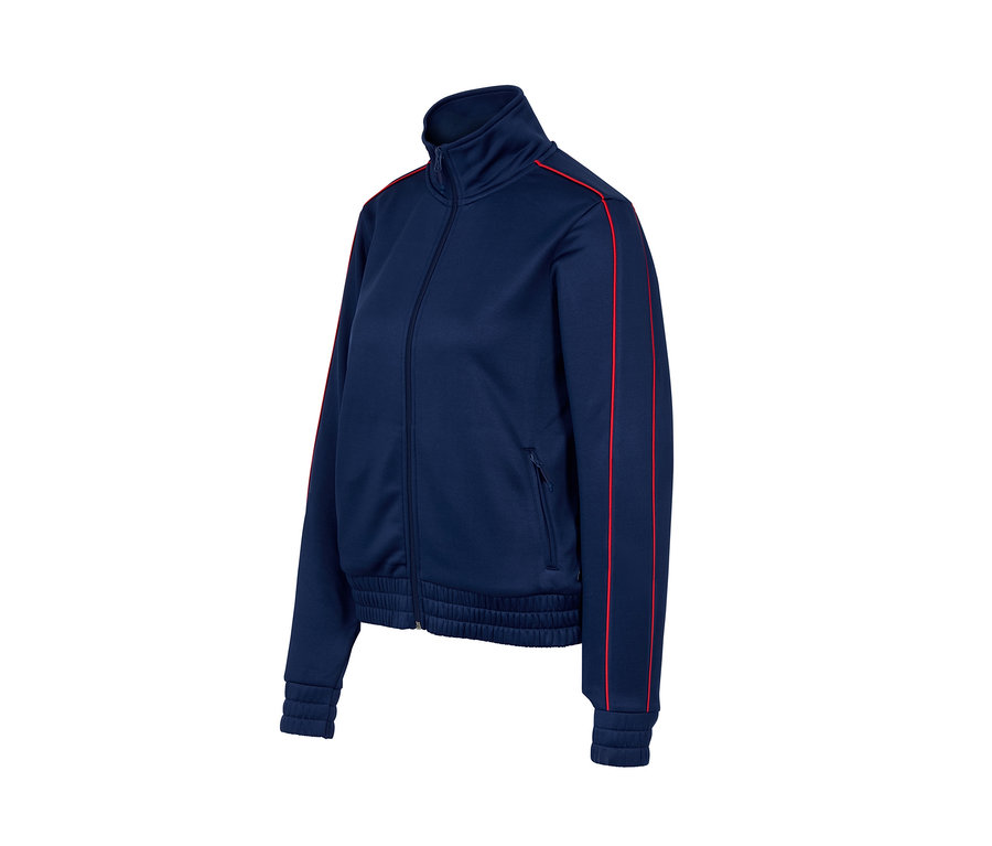 Blaue Sportjacke mit Reißverschluss und roten Streifen.