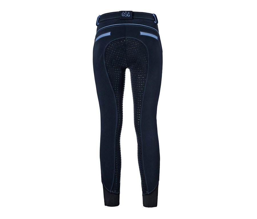 Detailansicht der Rückseite einer dunkelblauen USG-Damen-Reithose.