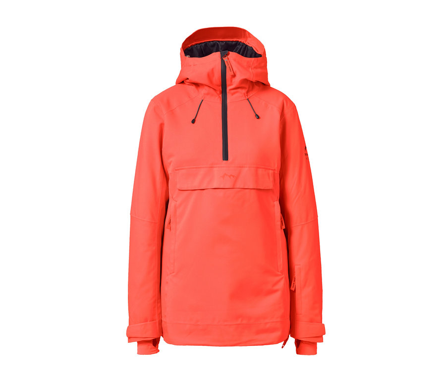 Orangefarbene Halfzip-Skijacke mit Kapuze.