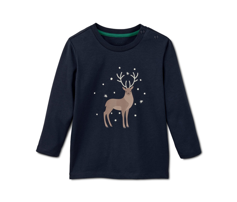 Dunkelblauer Glow-in-the-dark-Pyjama mit Hirsch- und Schneeflockenmuster.