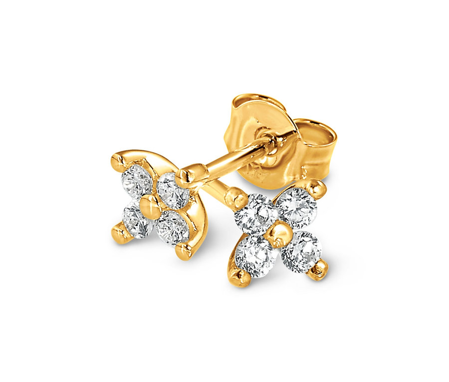 Nahaufnahme eines einzelnen Ohrsteckers aus 585 Gold mit Zirkonia in Form einer vierblättrigen Blume.