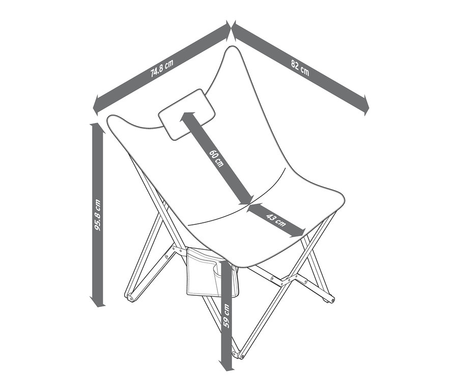 Eine Skizze von einem faltbaren Relax-Sessel mit Massangaben.