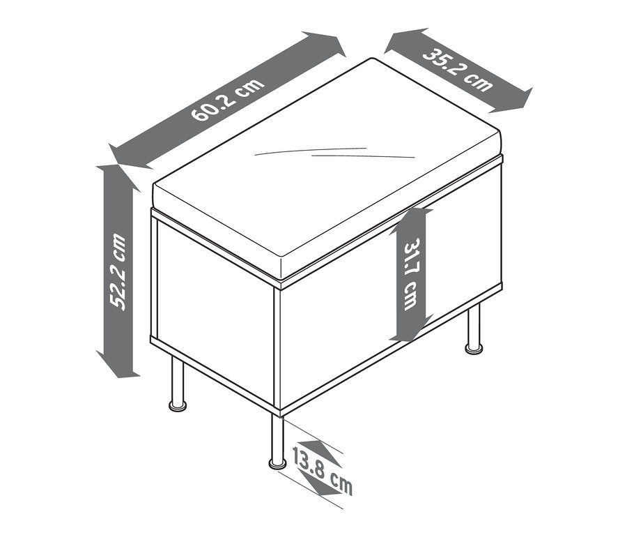 Illustration einer Sitzbank mit Stauraumfach und hervorgehobenen Abmessungen.