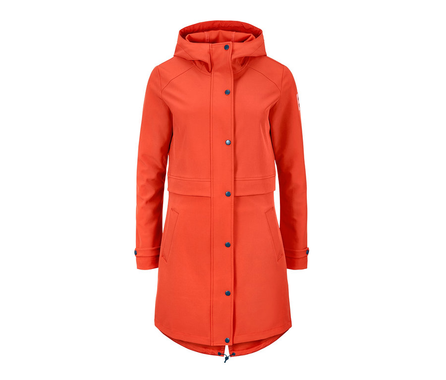Orangefarbener Softshell-Mantel mit Kapuze und Knöpfen.
