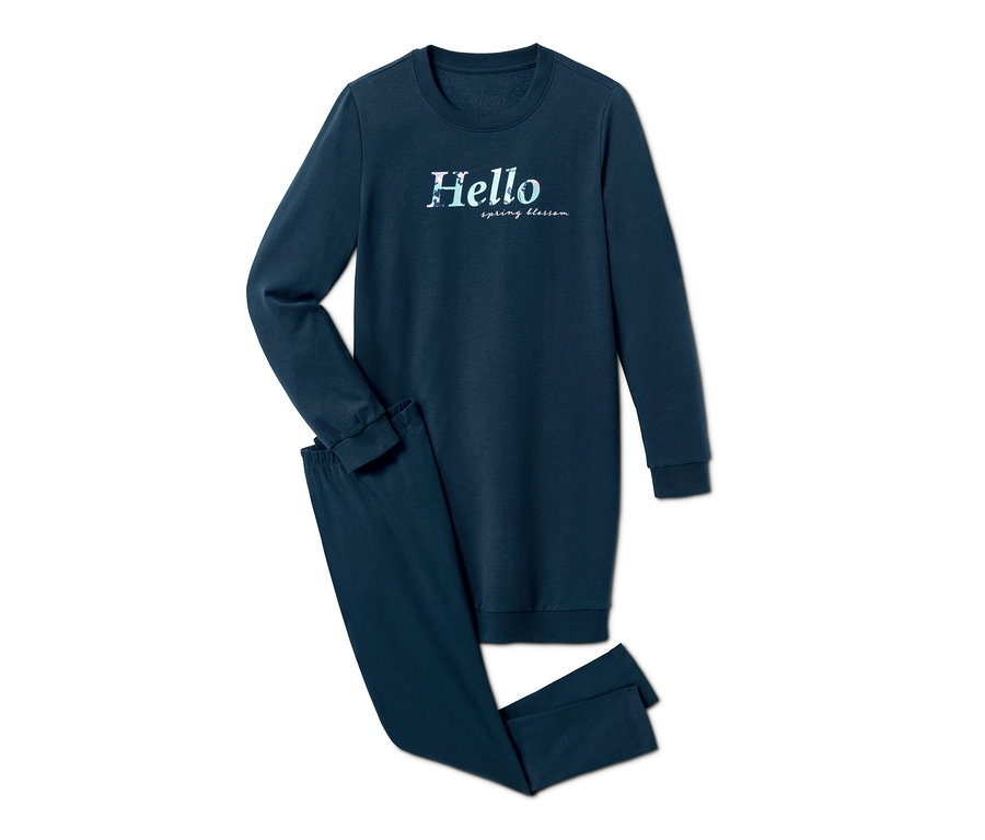 Dunkelblauer Pyjama mit dem Schriftzug Hello spring blossom.
