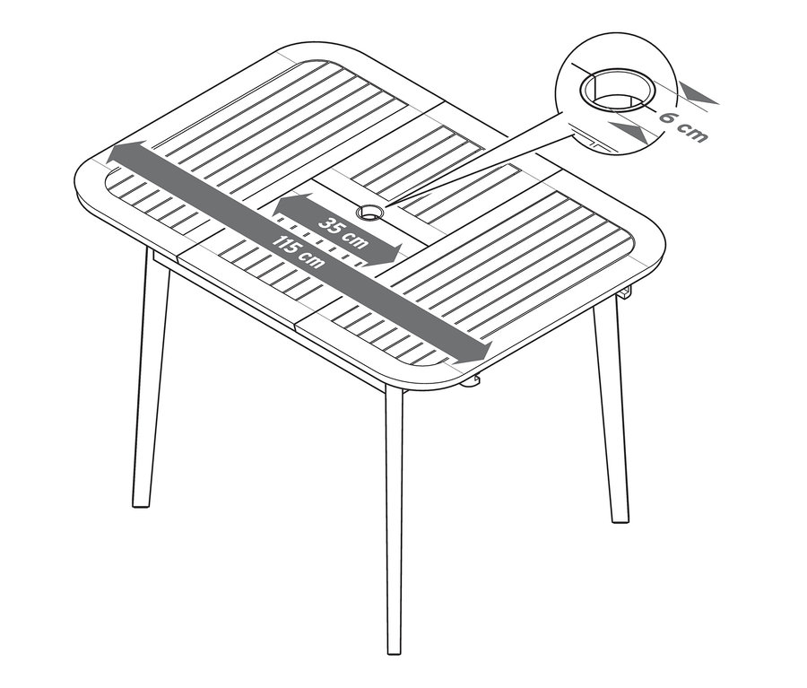 Illustration eines Dining Sets »Lenja« 5-teilig mit Ausziehtisch und Abmessungen.