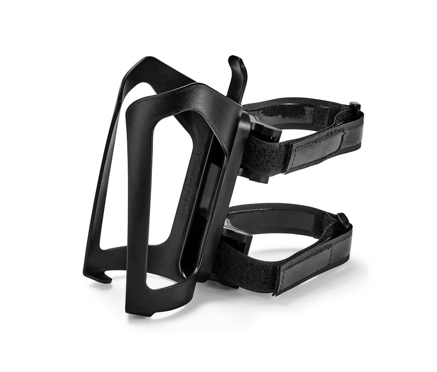 Schwarze Fahrrad-Flaschenhalterung.
