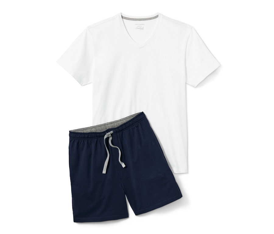 Weißes Kurzarm-T-Shirt und marineblaue Shorts aus einem 4-teiligen Pyjama-Set.