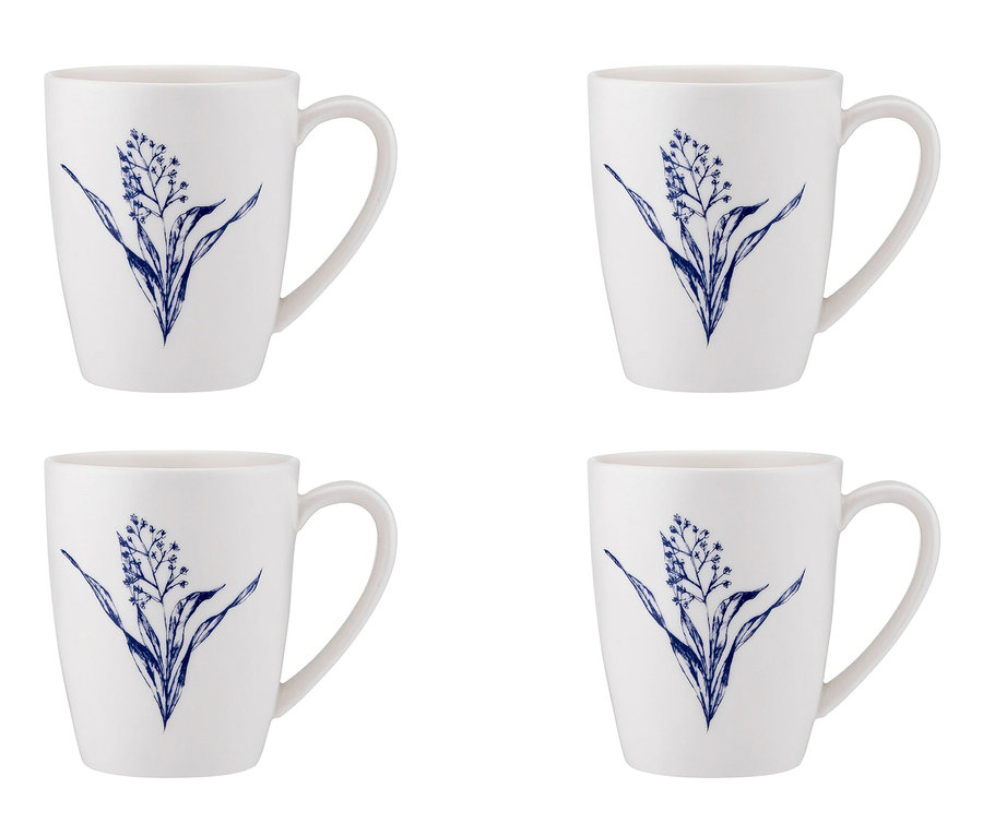 Vier weiße Becher mit blauem Blumendruck, »Repose« 4er-Set.