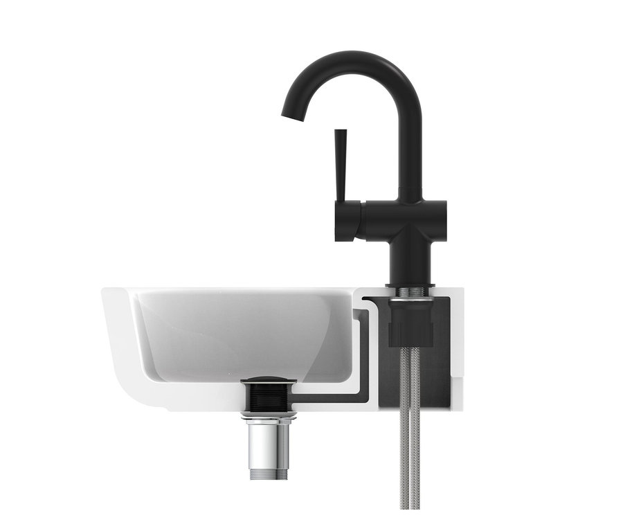 Eine schwarze Waschtischarmatur »Cornwall« ist an einem weißen Waschbecken montiert.