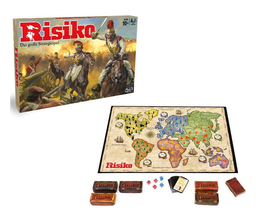 Das Brettspiel Risiko mit Spielbrett Weltkarte, Würfeln, Karten und Schachtel.