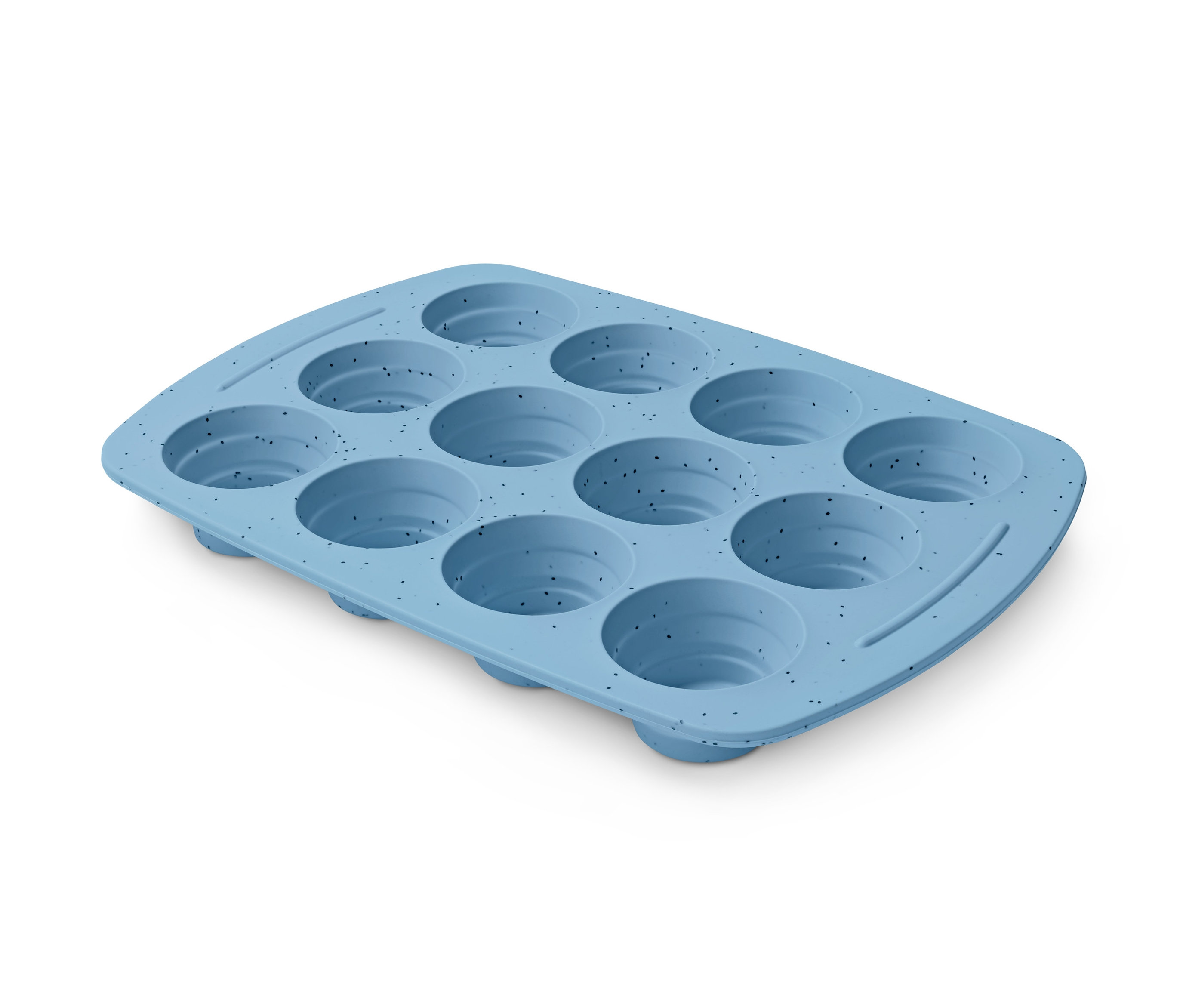 Hellblaues Muffinblech mit zwölf Mulden.