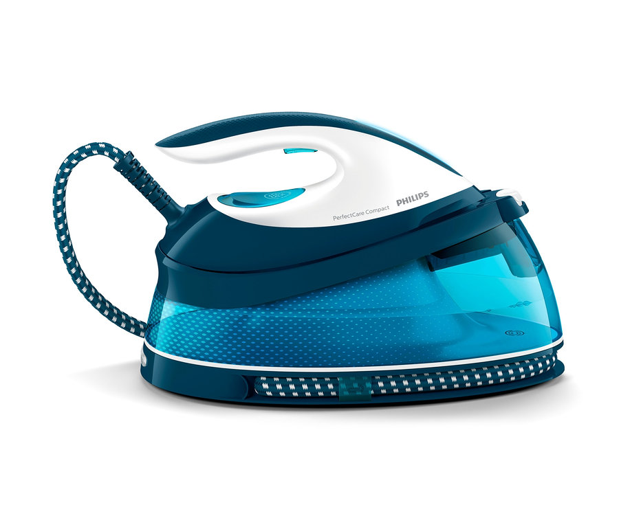 Ein blau-weißes Philips PerfectCare Compact Dampfbügeleisen vor weißem Hintergrund.
