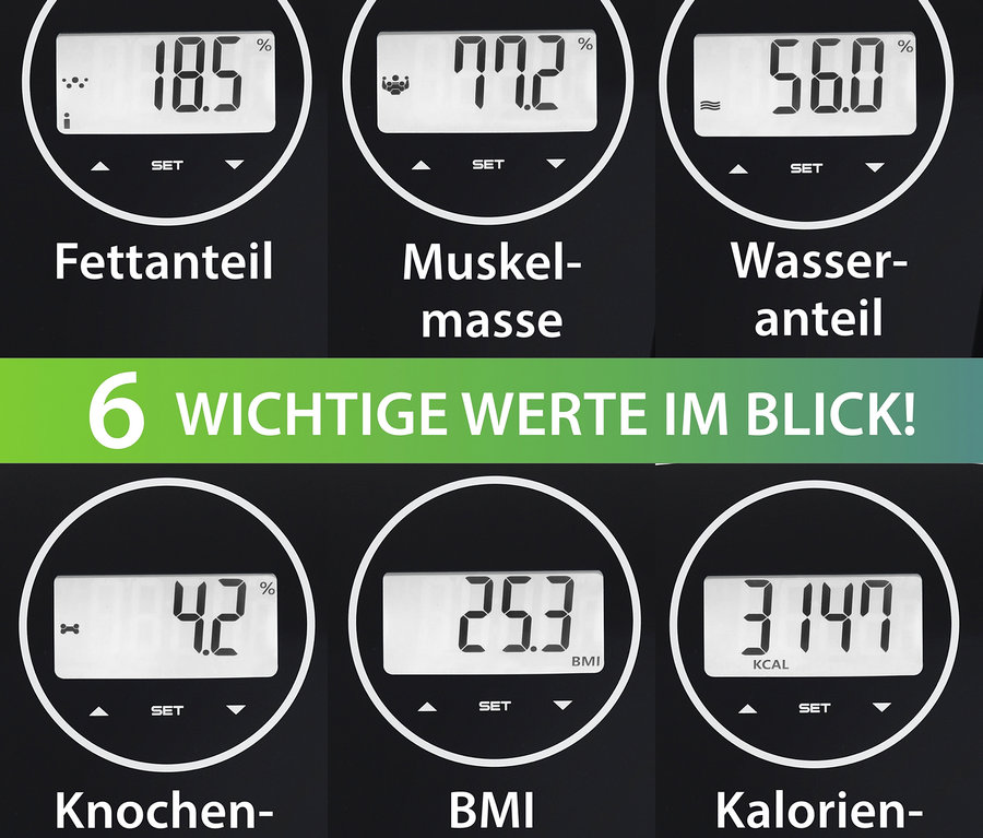 Die schwarze digitale ADE Körperanalysewaage zeigt den Fettanteil, die Muskelmasse, den Wasseranteil, die Knochenmasse, den BMI und den Kalorienbedarf an.