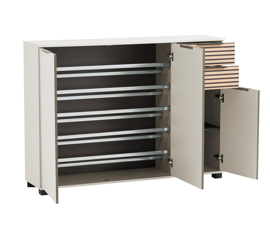 Geöffneter Schuhschrank »Alexa« mit Regalen und zwei Schubladen.