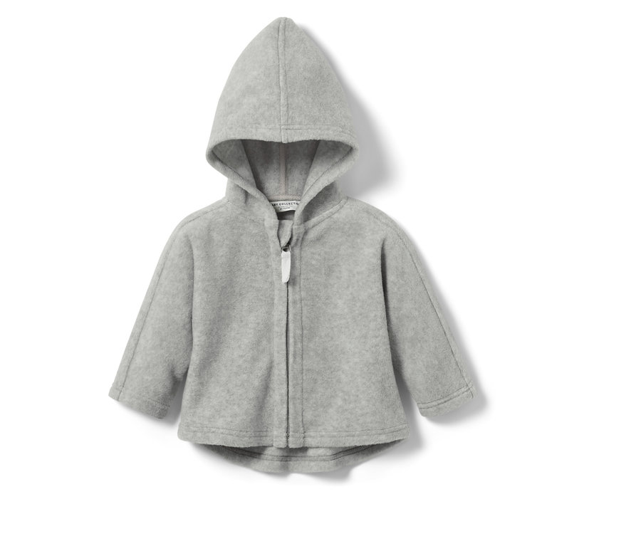 Graue Baby-Fleecejacke mit Kapuze und Reißverschluss.
