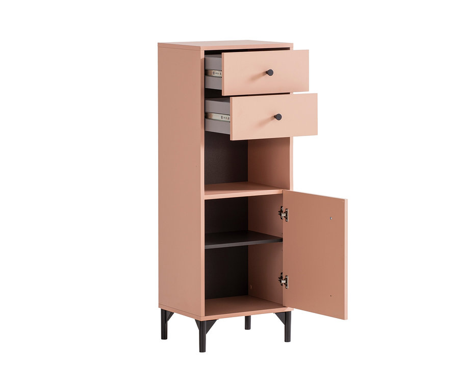 Rosa Highboard »Smash« mit zwei offenen Schubladen und offenem Schrank.